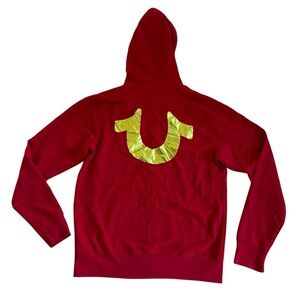 True Religion Red Hoodie Gold Logo Full Zip Long Sleeve L
